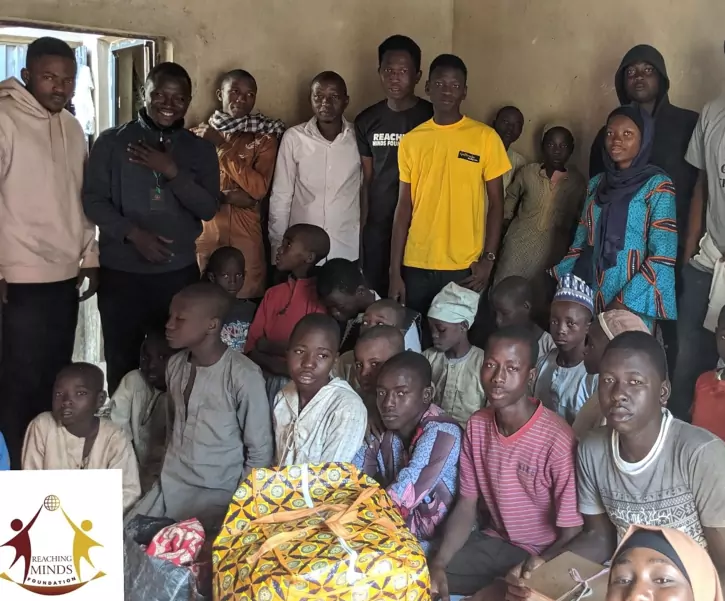 A picture of RMF and team at almajiri shelter in kano, Nigeria, campaigning for western education.